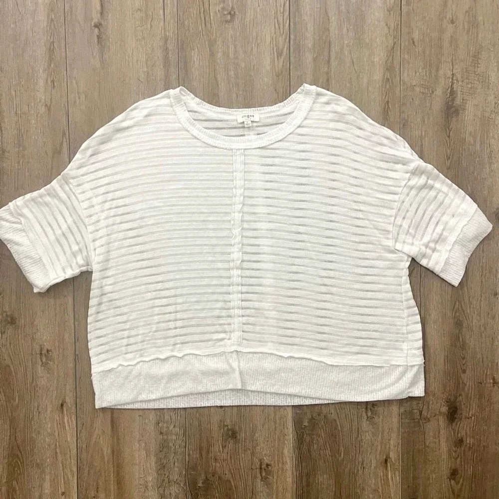 UMGEE Oversized Boxy Shirt White Textured Coastal Sheer Boho Short Sleeve Crop L - Picture 8 of 8